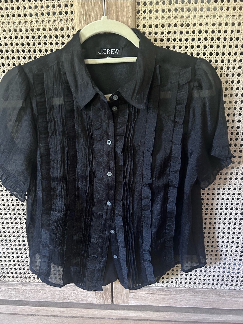 J. Crew Black Sheer Ruffle-Trim Button-Front Blouse
